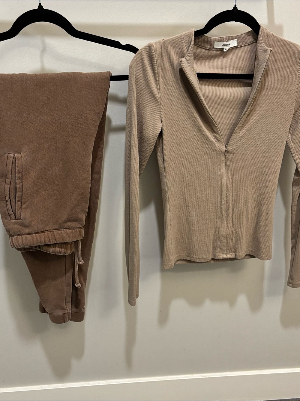Joah Brown Ribbed Zip-Front Top & Jogger Set in Taupe